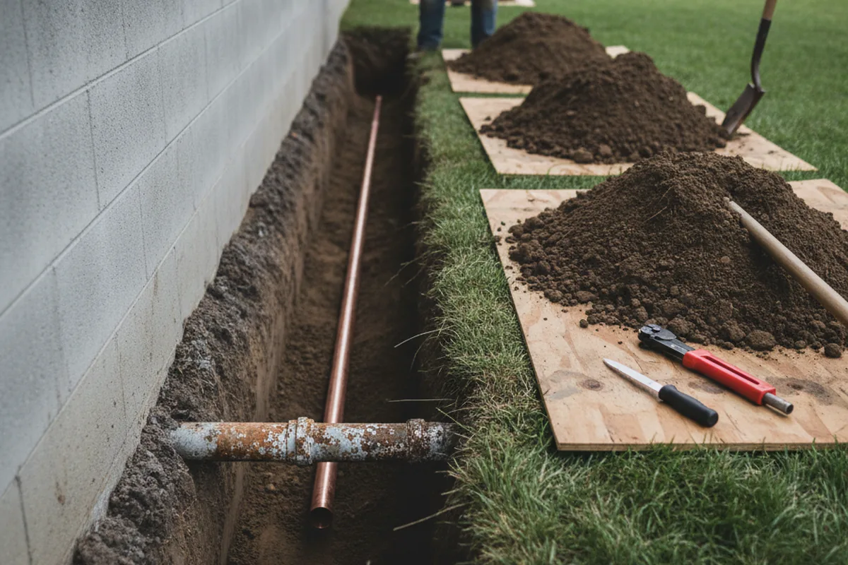 Excavated water line trench during Water Softener Installation in Parsons